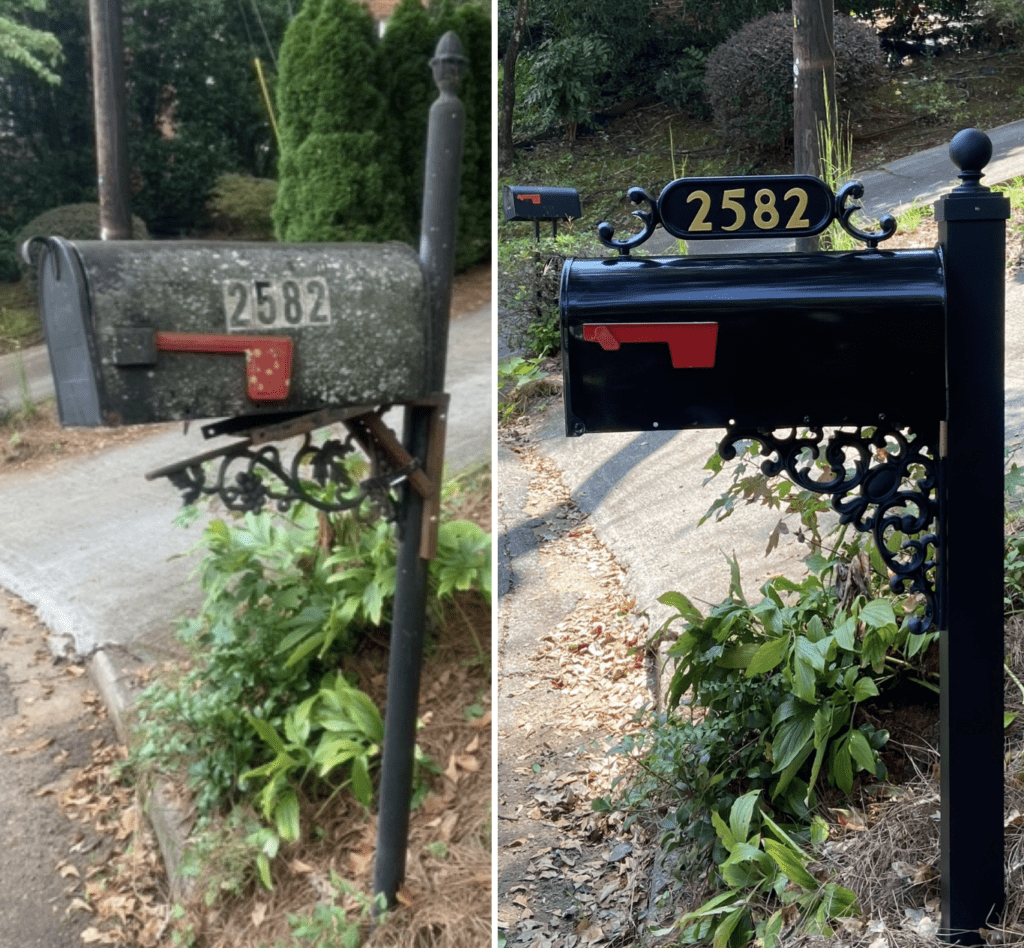 Before and after image of a mailbox that has been cleanred and maintained.